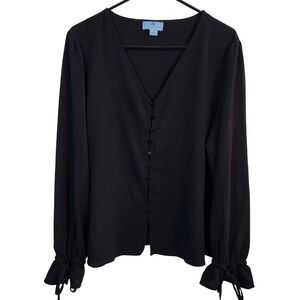 CeCe Womens Black Blouse Large Button Front V Neck Tie Sleeve Long Sleeve Top